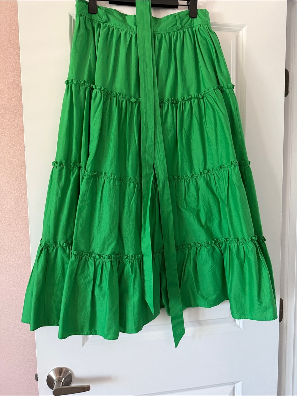 Women's Green Tiered A-Line Maxi Skirt with Waist Tie